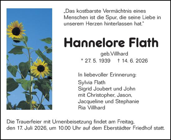 Traueranzeige von Hannelore Flath von Darmstädter Echo