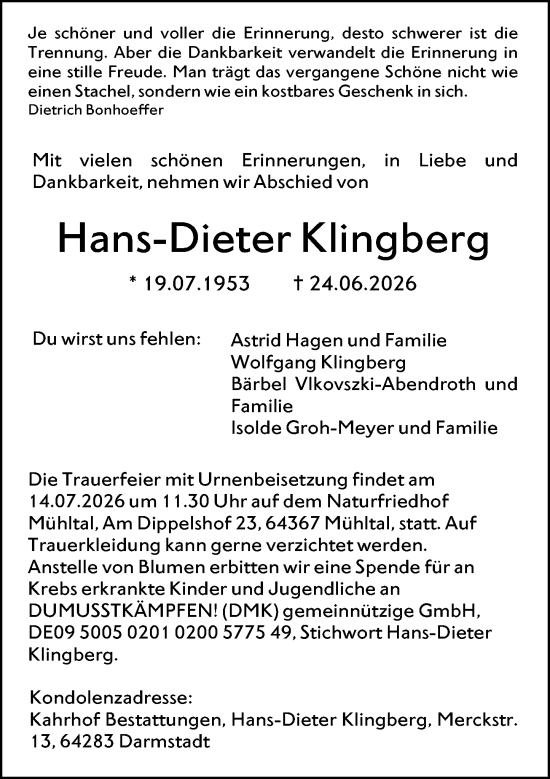Traueranzeige von Hans-Dieter Klingberg von Darmstädter Echo