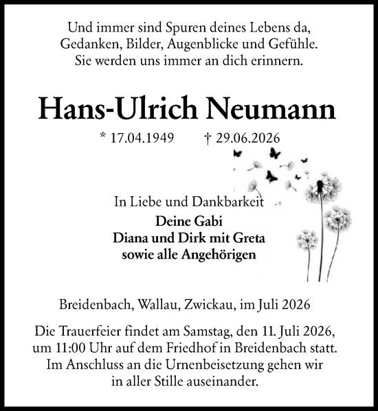 Traueranzeige von Hans-Ulrich Neumann von Hinterländer Anzeiger