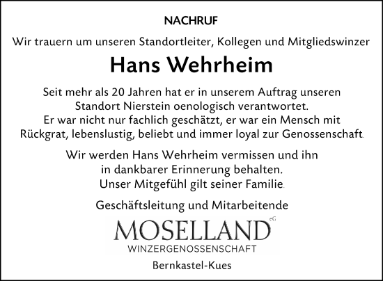 Traueranzeige von Hans Wehrheim von Allgemeine Zeitung Mainz