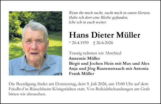 Traueranzeige von Hans Dieter Müller von Rüsselsheimer Echo