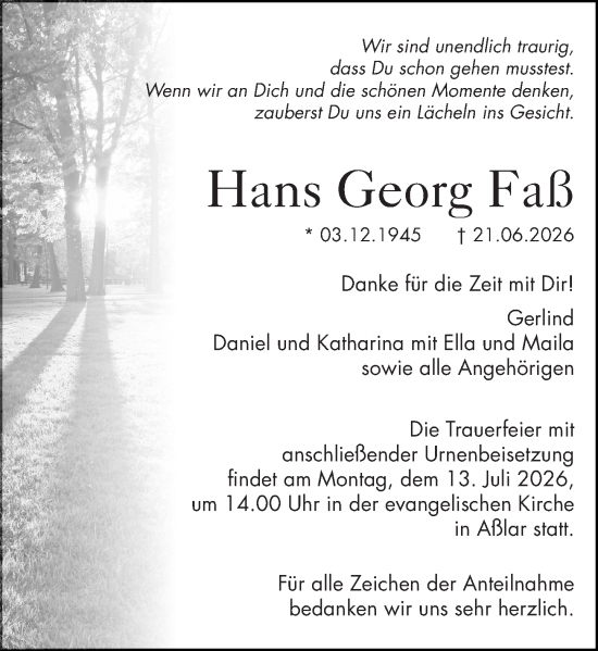 Traueranzeige von Hans Georg Faß von Wetzlarer Neue Zeitung