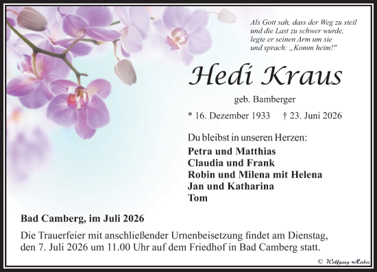 Traueranzeige von Hedi Kraus von Camberger Anzeiger