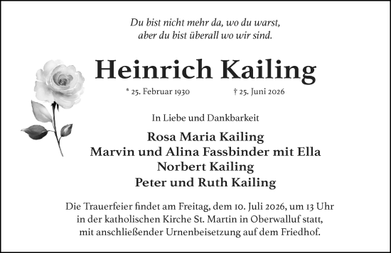 Traueranzeige von Heinrich Kailing von Rheingau Kurier