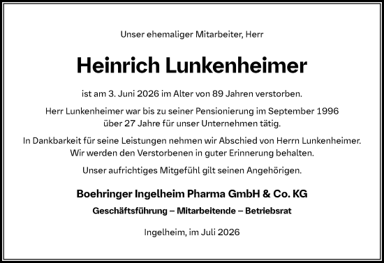 Traueranzeige von Heinrich Lunkenheimer von Allgemeine Zeitung Rheinhessen-Nahe