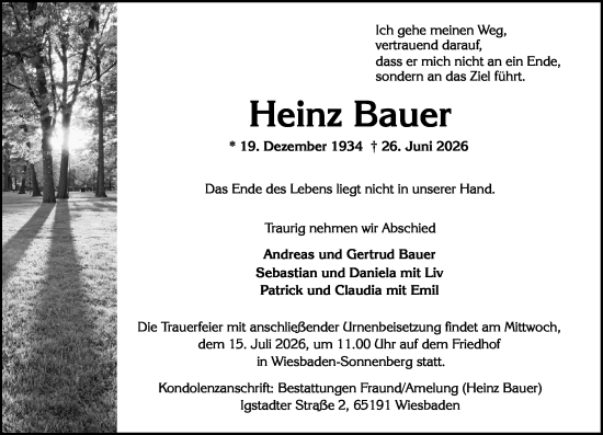 Traueranzeige von Heinz Bauer von Wiesbadener Kurier