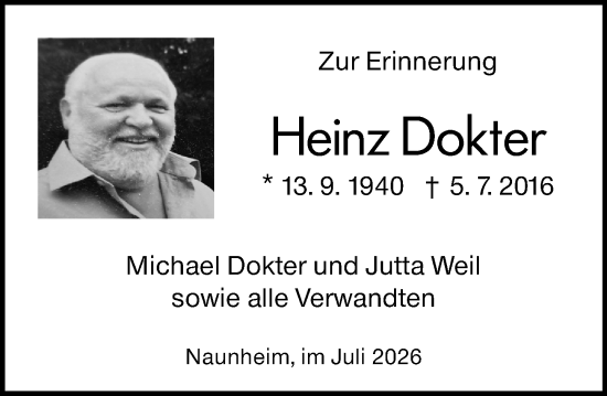 Traueranzeige von Heinz Dokter von Wetzlarer Neue Zeitung