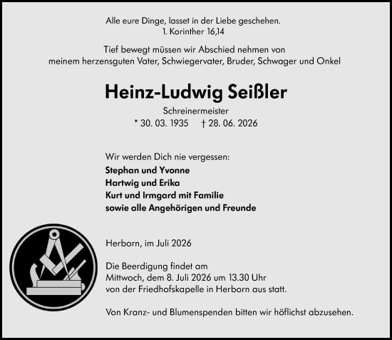 Traueranzeige von Heinz-Ludwig Seißler von Dill Block