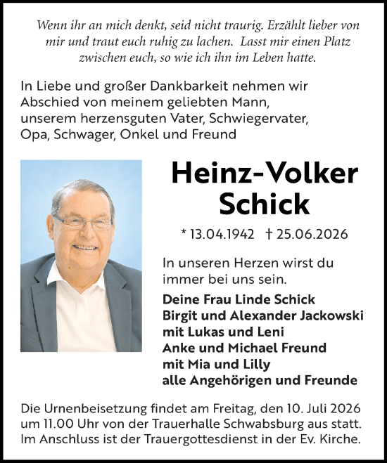 Traueranzeige von Heinz-Volker Schick von Allgemeine Zeitung Mainz