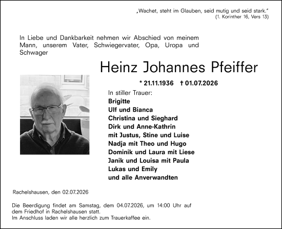 Traueranzeige von Heinz Johannes Pfeiffer von Hinterländer Anzeiger
