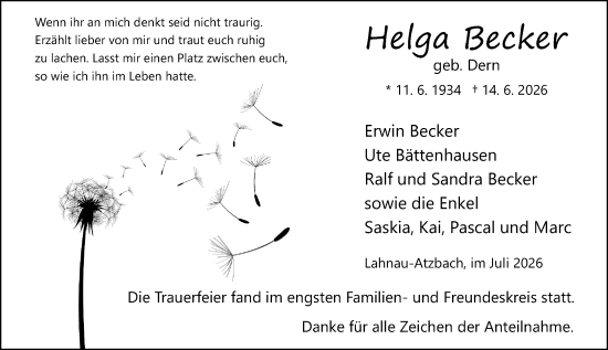 Traueranzeige von Helga Becker von Wetzlarer Neue Zeitung
