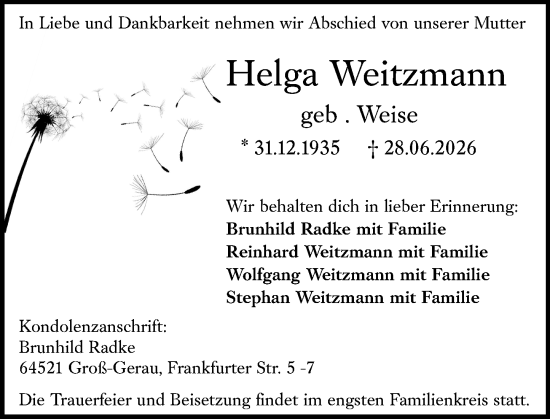 Traueranzeige von Helga Weitzmann von Groß-Gerauer Echo