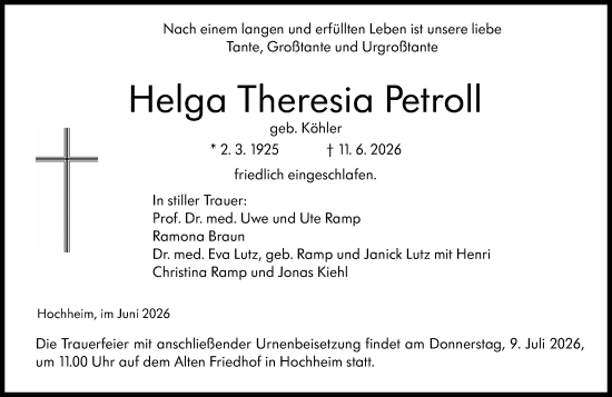 Traueranzeige von Helga Theresia Petroll von Hochheimer Zeitung