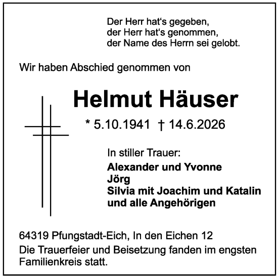 Traueranzeige von Helmut Häuser von Darmstädter Echo