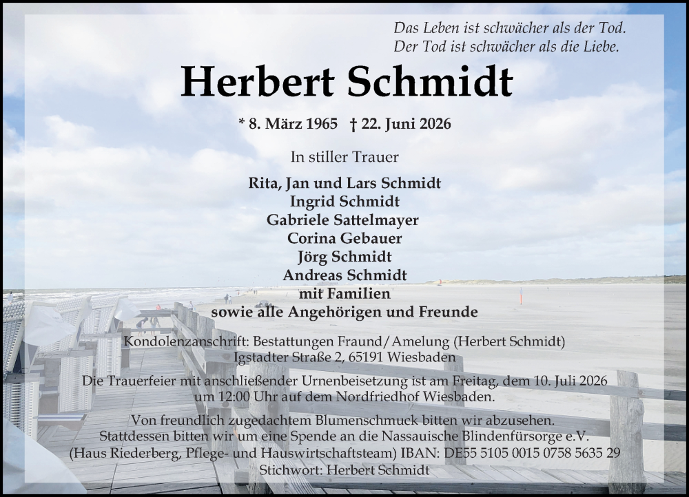  Traueranzeige für Herbert Schmidt vom 04.07.2026 aus Wiesbadener Kurier