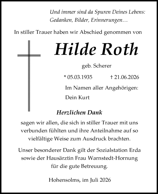 Traueranzeige von Hilde Roth von Wetzlarer Neue Zeitung