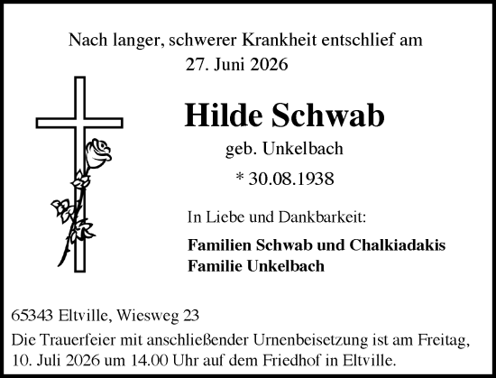 Traueranzeige von Hilde Schwab von Wiesbadener Kurier