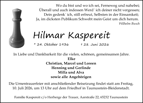 Traueranzeige von Hilmar Kaspereit von Idsteiner Land/Untertaunus