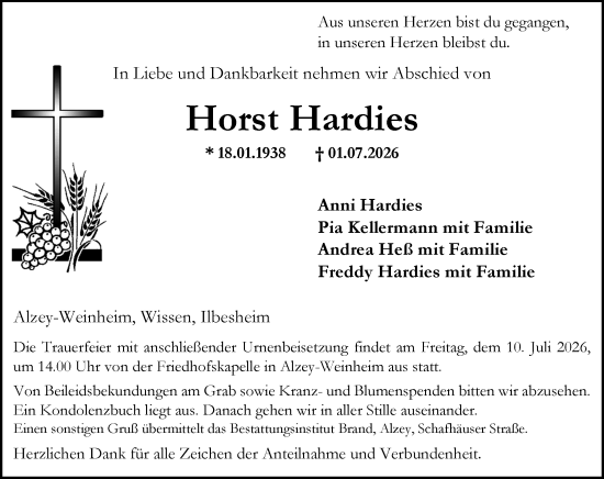 Traueranzeige von Horst Hardies von Allgemeine Zeitung Alzey