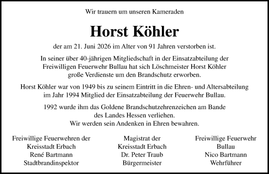 Traueranzeige von Horst Köhler von Odenwälder Echo