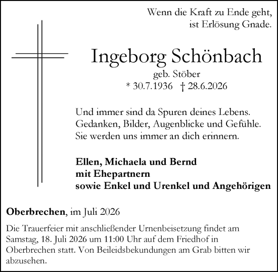 Traueranzeige von Ingeborg Schönbach von Camberger Anzeiger