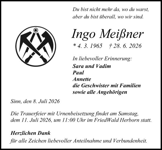 Traueranzeige von Ingo Meißner von Wetzlarer Neue Zeitung