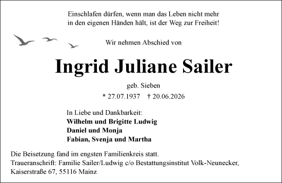 Traueranzeige von Ingrid Juliane Sailer von Rüsselsheimer Echo