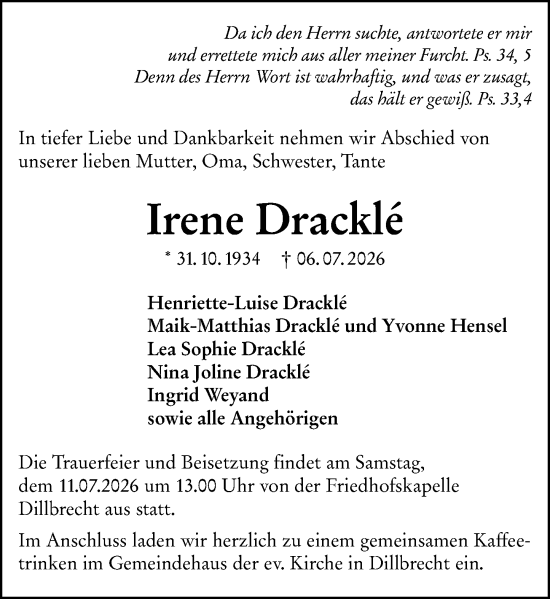 Traueranzeige von Irene Dracklé von Dill Block