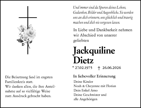 Traueranzeige von Jackquiline Dietz von Wetzlarer Neue Zeitung