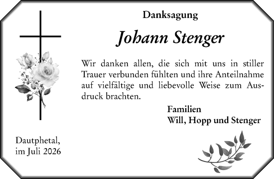 Traueranzeige von Johann Stenger von Hinterländer Anzeiger