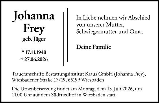 Traueranzeige von Johanna Frey von Wiesbadener Kurier