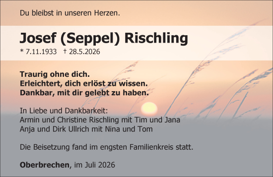 Traueranzeige von Josef Rischling von Camberger Anzeiger