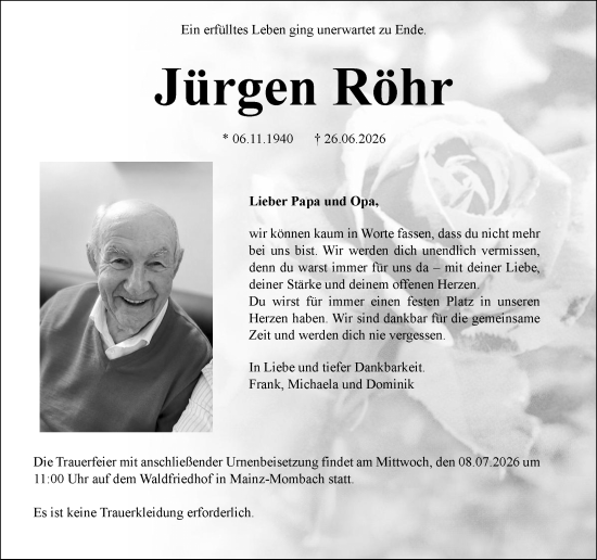 Traueranzeige von Jürgen Röhr von Allgemeine Zeitung Mainz