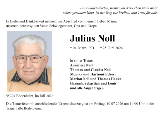 Traueranzeige von Julius Noll von Allgemeine Zeitung Mainz