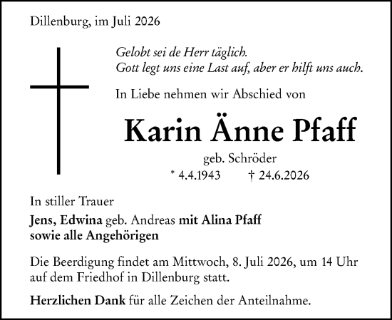 Traueranzeige von Karin Änne Pfaff von Dill Block
