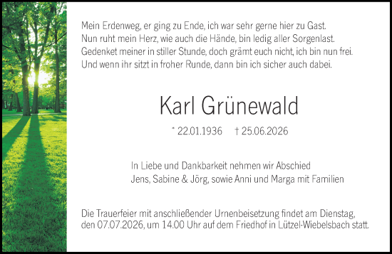 Traueranzeige von Karl Grünewald von Odenwälder Echo