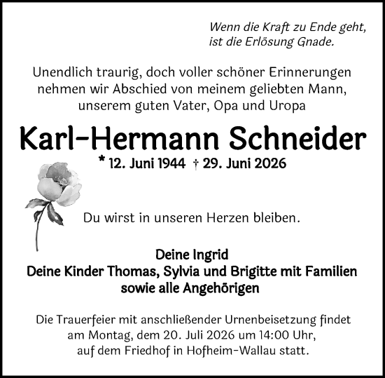 Traueranzeige von Karl-Hermann Schneider von Wiesbadener Kurier