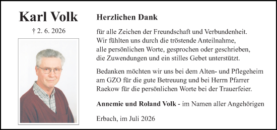 Traueranzeige von Karl Volk von Odenwälder Echo