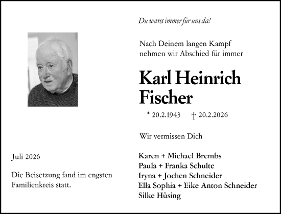 Traueranzeige von Karl Heinrich Fischer von Dill Block