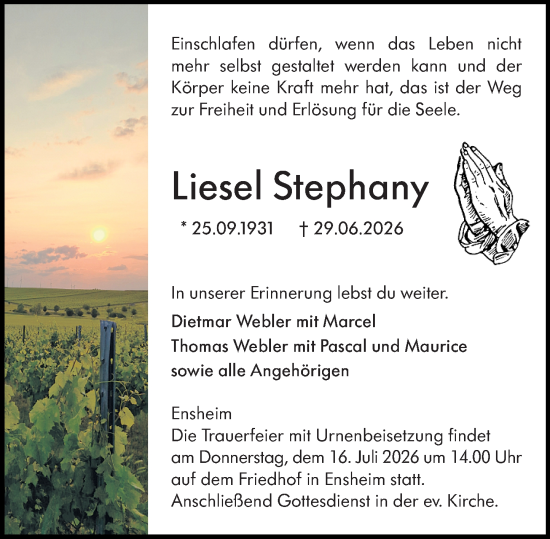 Traueranzeige von Liesel Stephany von Allgemeine Zeitung Alzey