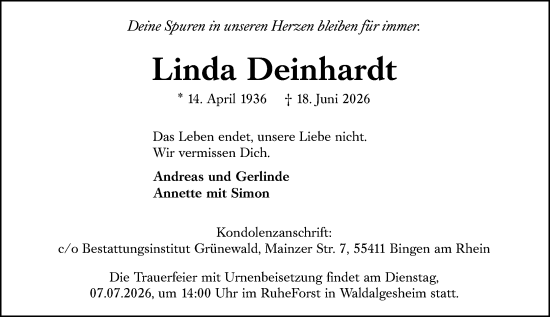 Traueranzeige von Linda Deinhardt von Binger-/Ingelheimer Wochenblatt