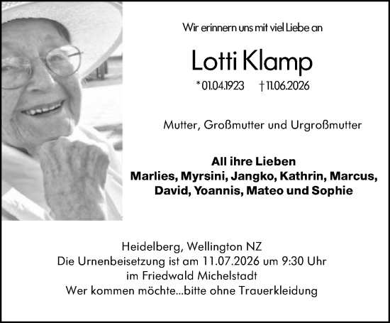 Traueranzeige von Lotti Klamp von Odenwälder Echo