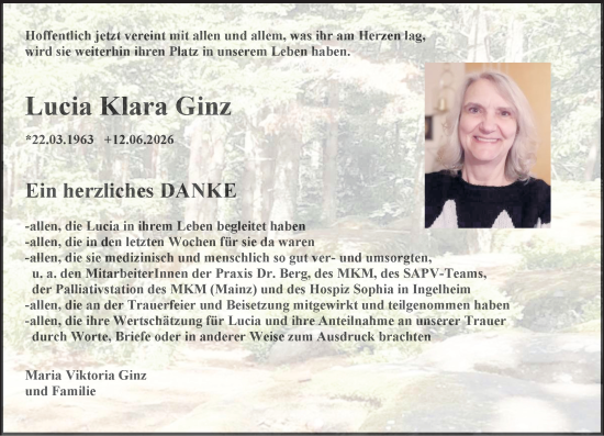 Traueranzeige von Lucia Klara Ginz von Allgemeine Zeitung Mainz
