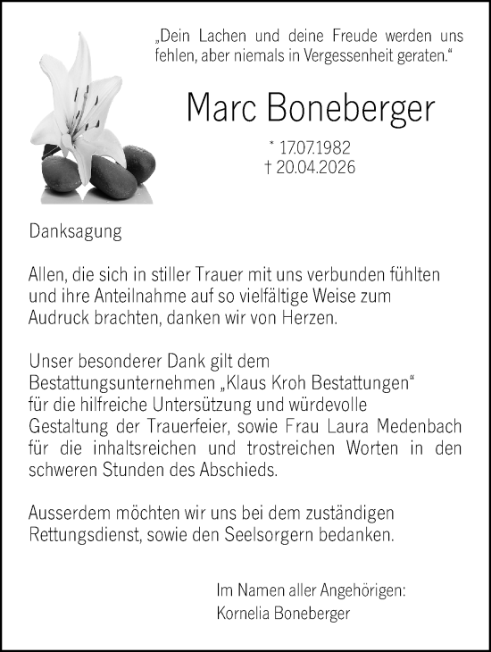 Traueranzeige von Marc Boneberger von Weilburger Tageblatt
