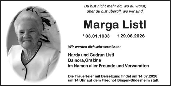 Traueranzeige von Marga List von Allgemeine Zeitung Rheinhessen-Nahe