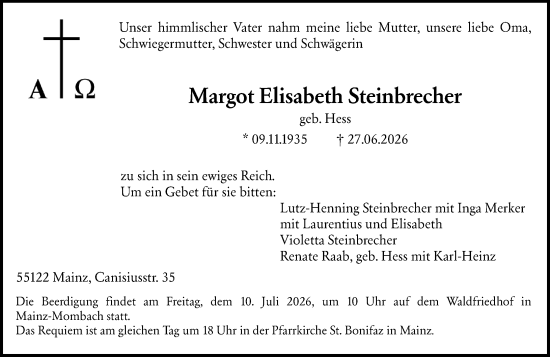 Traueranzeige von Margot Elisabeth Steinbrecher von Allgemeine Zeitung Mainz