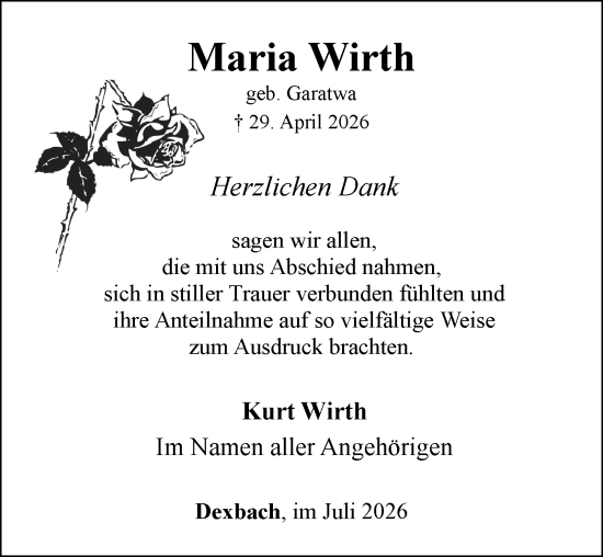 Traueranzeige von Maria Wirth von Hinterländer Anzeiger