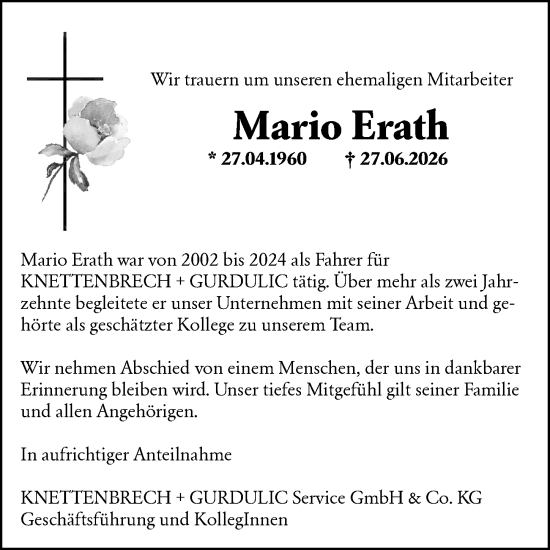Traueranzeige von Mario Erath von Wiesbadener Kurier