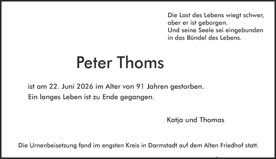Traueranzeige von Peter Thoms von Darmstädter Echo