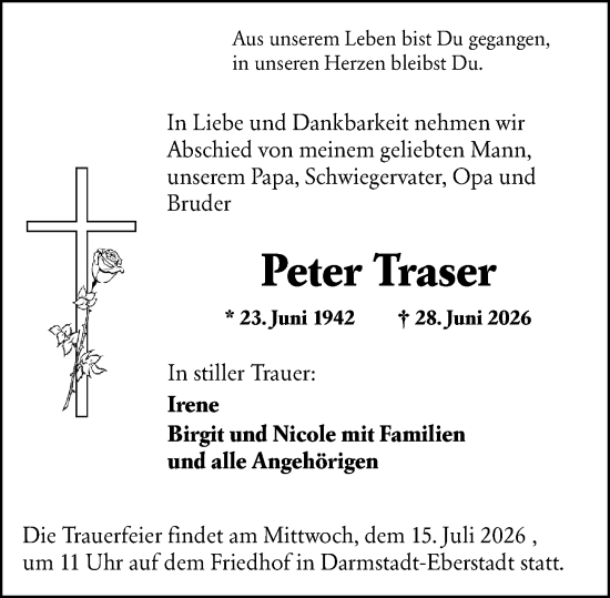 Traueranzeige von Peter Traser von Darmstädter Echo